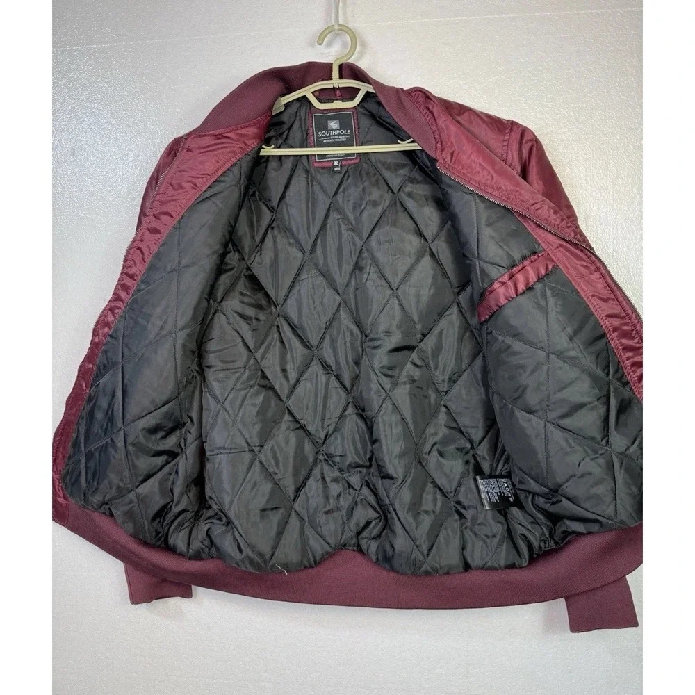 Southpole Mens Bomber Jacket Full Zip Puffer Coat Sz XL Y2K Burgundy Satin